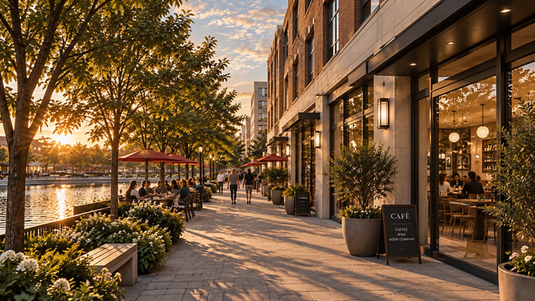 A golden-hour retail corridor with storefronts